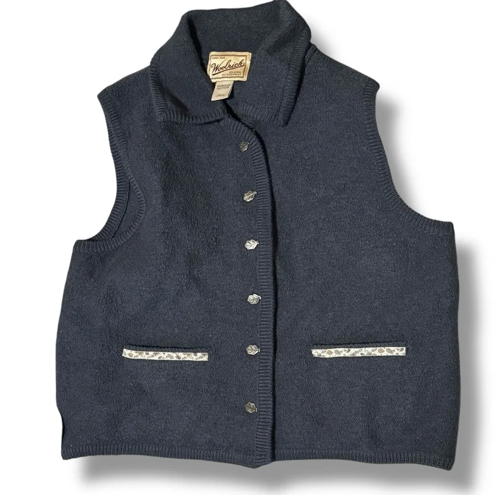 VTG Woolrich Gray Pure New Wool Sweater Vest Transitional Fall Leaves Autumn - M - Picture 4 of 14